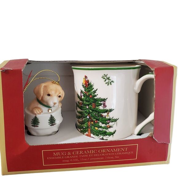 New in Box Spode Christmas Tree Ceramic Coffee Mug + Puppy In stocking Ornament - Picture 2 of 5